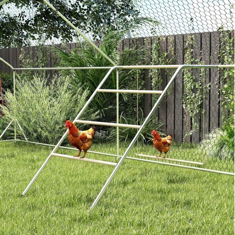 Aire de jeu pour poules 82x150x110 cm en acier et bois argenté, balançoire, stable – MEUBLIV (1/5)
