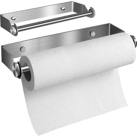 Soporte para rollo de cocina, Soporte de pared para rollo de papel higiénico y toallas, Acero inoxidable 304-27 cm, Plateado (1/5)