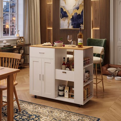 Creahappy Desserte de Cuisine Roulante 102x46x92 cm - Îlot Central Gain de Place avec Étagère à Épices - Plateau Chêne - Blanc (1/5)