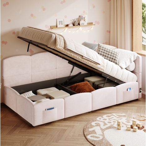 Letto contenitore 90x200 in velluto rosa DESVIAE (1/5)