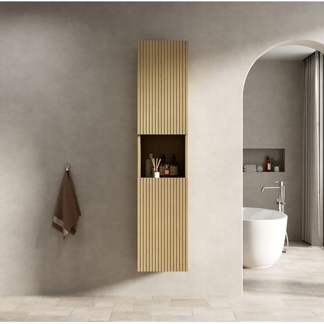 Mueble de baño auxiliar suspendido de contrachapado roble dorado, 160 cm, 2 puertas y 1 hueco abierto (1/5)