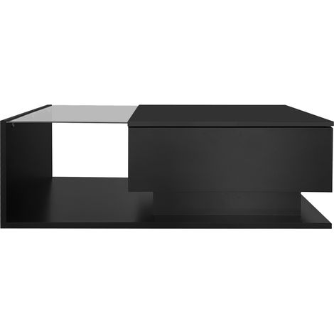 Mesa de centro negra brillante 100x50x32 cm con vidrio, 1 cajón y iluminación LED HOMVRA (1/5)