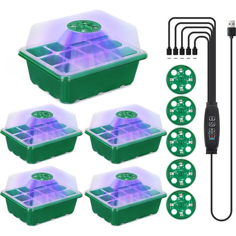 Trywise Lot de 5 bacs de germination en plastique à 12 trous avec éclairage intégré pour la culture et l'entretien des légumes à la maison (vert) (1/5)