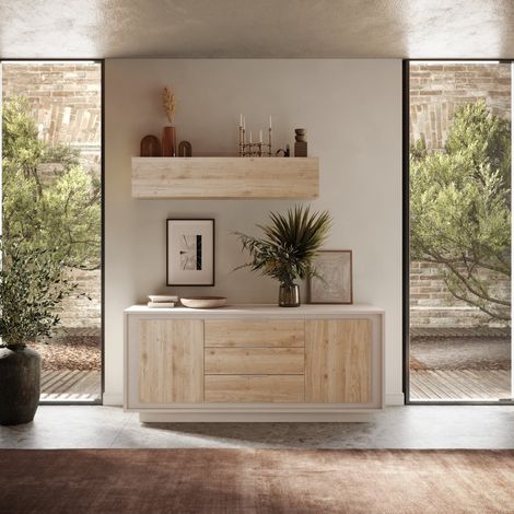 Buffet bas beige et bois clair 2 portes-3 tiroirs 180cm YORI (1/5)