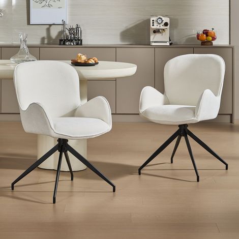 Wahson 2er-Set Esszimmerstühle aus Chenille, Moderne 360° Drehbar stabiler Metallbeinen, für Küche oder Esszimmer, Weiß