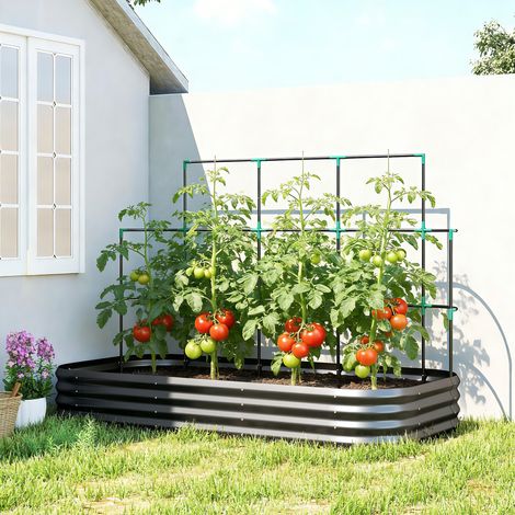 Jardinière surélevée avec treillis, bac à fleurs en métal avec rebord de protection, gants, 220 x 110 x 150 cm, gris foncé (1/5)