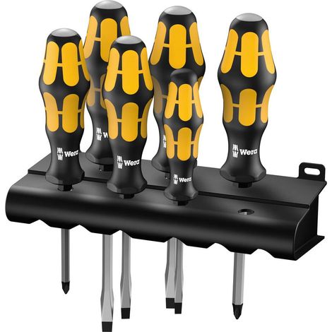 Wera – Jeu de tournevis cruciformes et plats 6 pièces – Acier à outils – Manche composite pour burinage – Pour vis à fente et Phillips