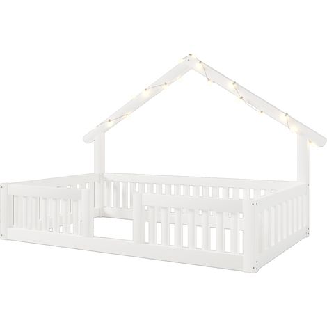 Kinder-Hausbett 90x200 cm aus weißem Holz mit Rausfallschutz und LED-Lichtern (1/5)