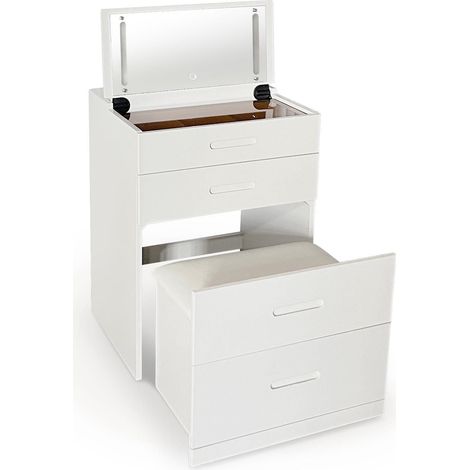 Coiffeuse compacte 60 cm avec Miroir LED, tiroir et Pouf intégré – Blanche – Table Maquillage avec Rangement – Design Moderne Gain de Place (1/5)