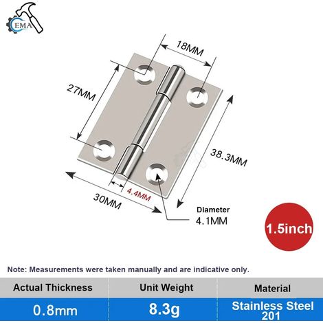 Charnière plate antirouille en acier inoxydable de qualité supérieure (1,5 pouce, lot de 10) pour portes, placards, meubles et boîtes en bois. (1/5)