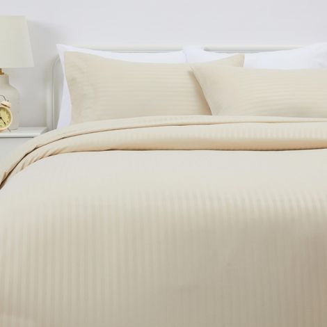 Parure de Lit 2 Personnes 3 Pièces en Microfibre, Housse de Couette 240 x 220 cm et 2 Taies d'oreiller 50 x 80 cm, Beige Rayé (1/5)