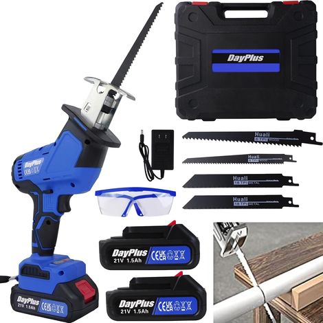 21v sans fil alimenté scie alternative, scie électrique sans fil avec 2 x batterie 1.5ah pour bois métallique PVC TUBE arbre taille, portable intérieur extérieur bricolage scie avec valise et lunettes (1/5)