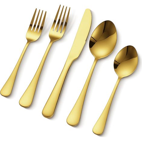Ménagère 100 pièces, couverts en acier inoxydable, finition miroir, lavables au lave-vaisselle, avec couteau, fourchette, cuillère, pour cuisine, maison, 20 personnes, or (1/5)