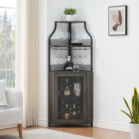 Meuble bar d’angle chêne rustique foncé, porte-bouteilles amovible, support verres, porte maille (1/5)