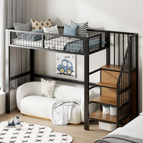 Bett mit Stauraum 90x200 Metall Leiter Schwarz OKMYHOME (1/5)