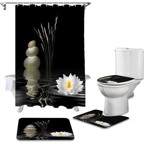 Pieces Shower Curtain Set Zen Stones White Lotus Black Waterproof Shower Curtains Bathroom Curtain Toilet Cover Mat Non-Slip Rug 180x180cm (1/5)