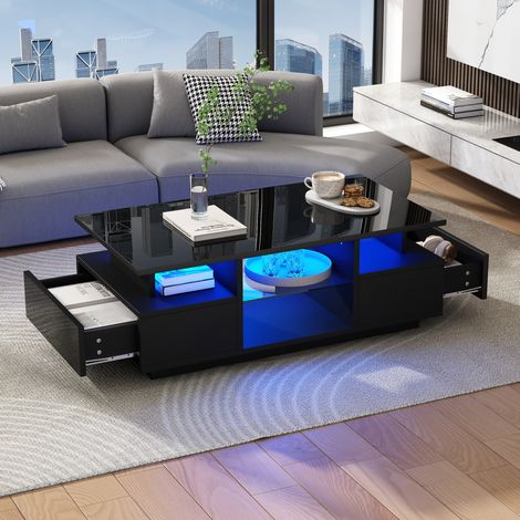 Tavolino da salotto LED nero con 2 cassetti e ripiani in vetro, 100 x 50 x 36 cm HAVRYA (1/5)