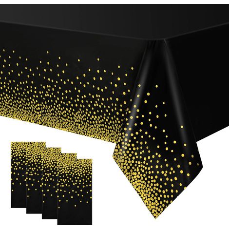 Nappe à pois noire et or 54x108cm, Lot de 4 nappes rectangulaires jetables imperméables pour fête, anniversaire, pique-nique, confettis, protection de table élégante. (1/5)
