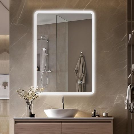 Miroir de Salle de Bain Mural Anti-buée 70 × 50 cm – Éclairage LED avec 3 lumières à intensité Variable et Interrupteur Tactile  Montage Horizontal/Vertical