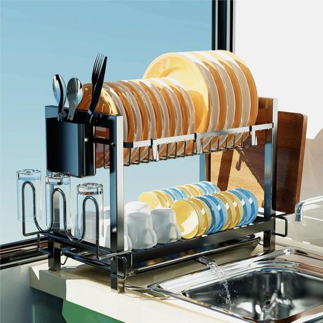 Égouttoir à Vaisselle Cuisine à 2 Niveaux, Grande Capacité, avec Support de Planche à découper, 3 Crochets, sur Evier, avec Bac Récupération Amovible et Crochets pour Tasses Noir (1/5)