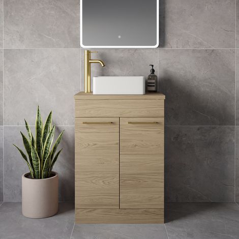 Napoli 390 Light Oak 600mm 2 Door Vanity Unit for Countertop Basins - 600mm - Brushed Brass 160mm Handle
