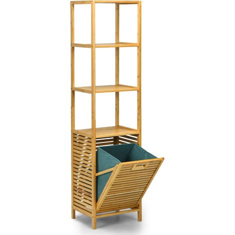 Organizer torre con cesta di bambù e 3 mensole, Cesto della biancheria a scomparsa per bagno Naturale (1/4)