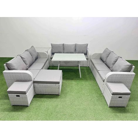 Fimous 12 Seat Outdoor PE Rattan Garden Furniture with Cushions 3 Seater Sofa Side Table 3 Stool Light Grey (1/4)