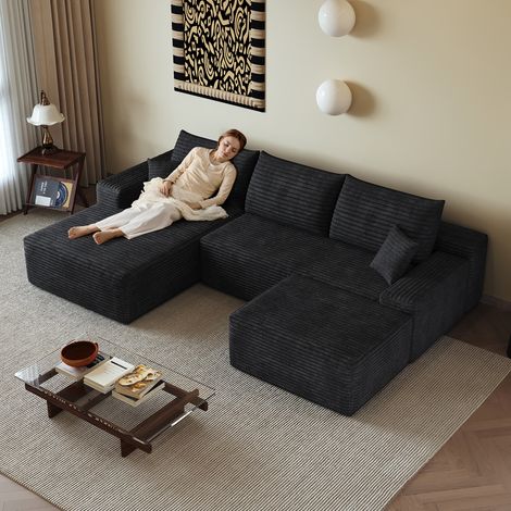 Canapé angle modulaire sans structure 270 cm méridienne L, moderne assise profonde sans montage compressé, salon chambre appartement, coloris noir (1/5)