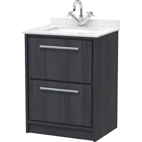 Longnor 2 Drawer Floor Standing Vanity Unit with Square Basin and Marble Worktop, Woodgrain Graphite Grey, 600mm (1/4)