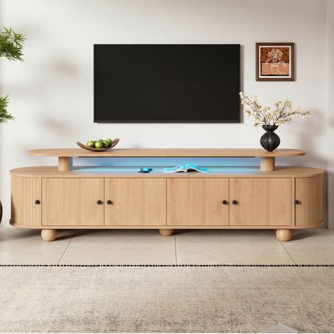 Meuble TV avec lumière LED, 4 portes fixes, 2 portes coulissantes et passe-câbles, en bois naturel, 180x40x48 cm (1/5)
