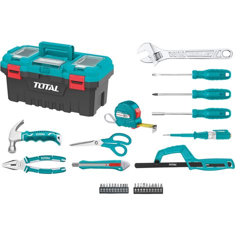 Boîte de 32 outils 17" (43 cm) Pince, clé, tournevis et marteau avec tire-lave Flexomètre, embouts et arc de scie Testeur de tension (1/5)