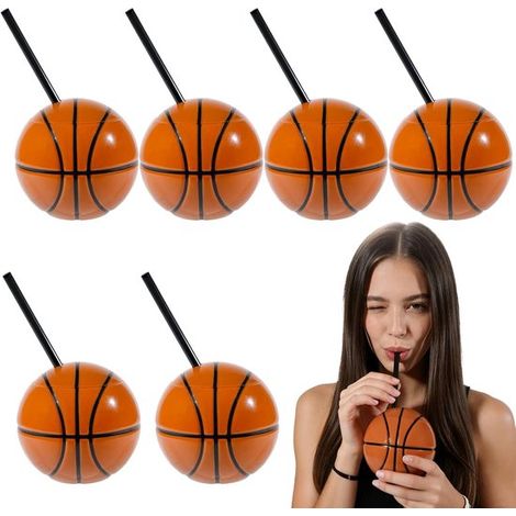 Einfache Basketballbecher aus Polymer, 6 Stück, mit Strohhalmen und Deckeln, 440 ml (15 oz), Plastikbecher für Sportpartys (Basketball). (1/5)