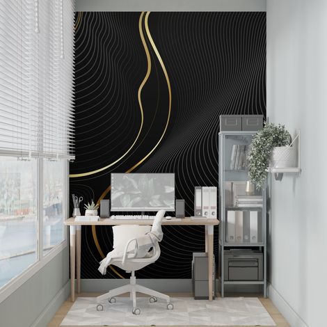 Papier peint geometrique vagues elegantes en noir et or 1 - 150 x 250 cm (1/2)