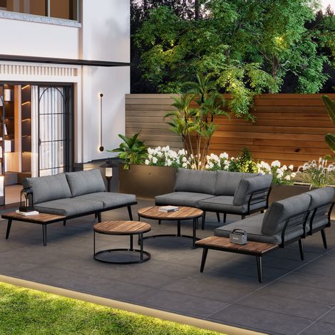 Salon de jardin modulable 160/64/75 cm gris antique en fer galvanisé avec coussins épais (1/5)