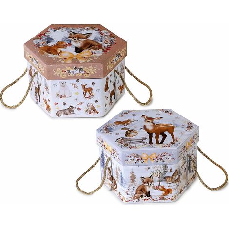 Scatole esagonali in carta per panettone con manici e coperchio, stampa animaletto del bosco, set da 8 pezzi
