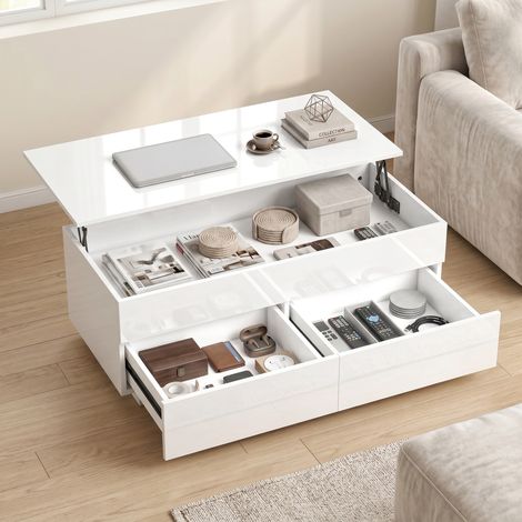 Table basse réglable en hauteur, table de salon moderne avec rangement dissimulé et 2 tiroirs, blanc brillant (1/5)