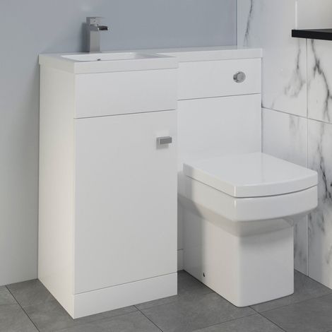 White Combination Vanity Unit Basin Sink Toilet Bathroom Furniture 900mm Left Hand with Chrome Handles & Square Toilet Pan (1/5)