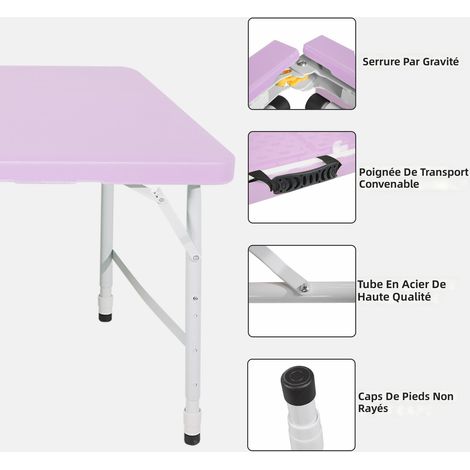 Table pliante portable 125 cm avec poignée, hauteur réglable et capacité 135 kg, pour camping pique-nique et usage intérieur/extérieur (violet) (1/5)
