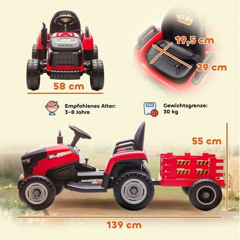 Trattore elettrico per bambini 12V, 3-8 anni, con rimorchio, rosso HAVRYA (1/3)