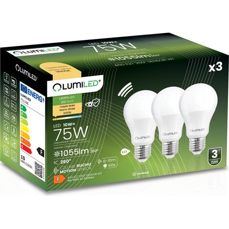 3x LED-Lampe E27 A60 10W = 75W 1055lm 3000K warmweiß 260° mit LUMILED-Bewegungsmelder