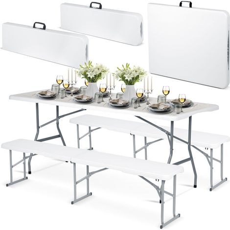 Conjunto de catering jardín mesa plegable + 2 bancos 180 cm Plonos blanco