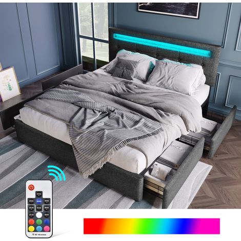 Lit avec Tiroirs 140 x 200 cm, Lit Double avec 4 Tiroirs, Tête de Lit Réglable et LED, sans Matelas, Gris
