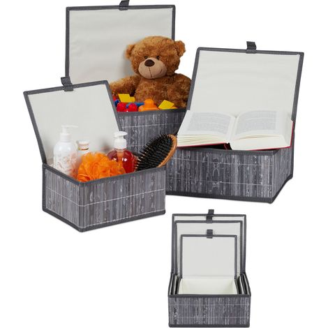 Relaxdays 2 Sets of 3 Bamboo Storage Baskets with Lid, Decorative Organiser, Dust-free & Moisture-resistant, Grey