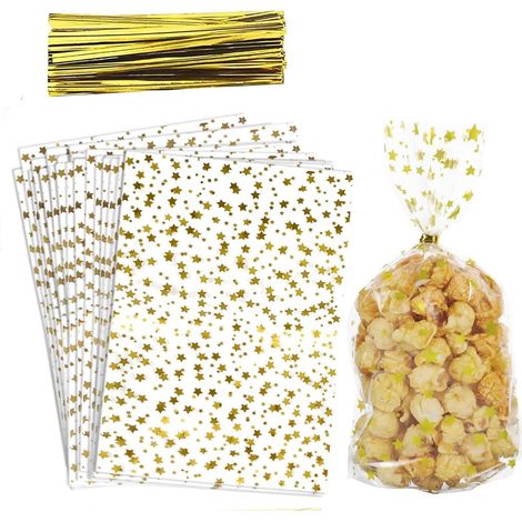 Goldene Stern-Cellophantüten, 100 Kekstüten mit Metallösen zum Verschenken