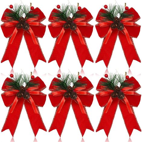 6 nœuds pour sapin de Noël - Nœuds de Noël - Nœuds en ruban de velours rouge - Nœuds en ruban pomme de pin - Décorations pour couronne de sapin de Noël (1/5)
