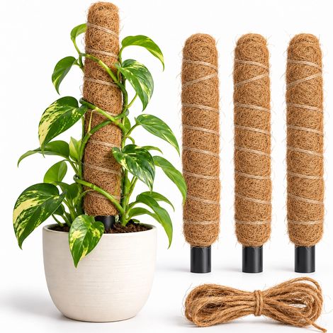 Relaxdays tutor de coco, set de 4, 30 cm, estaca y guía para monstera y plantas de interior, con cuerda, natural (1/5)