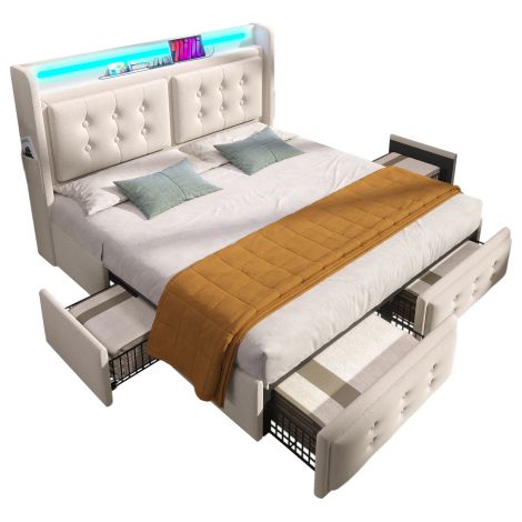 Polsterbett, Doppelbett mit Led-Kopfteil und USB C Ladefunktion und 4 Schubladen, Stauraumbetten mit Lattenrost aus Holz und Metallrahmen, Belastbarkeit 300 kg,Baumwolle(Ohne Matratze)
