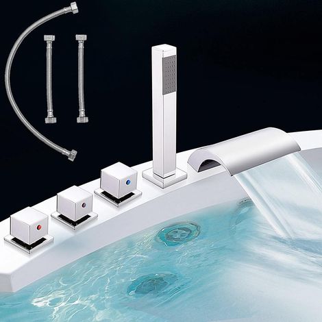 Mucola – Robinet de baignoire à 5 trous avec douchette flexible – Laiton chromé – Montage sur rebord – Design moderne et intemporel (1/6)