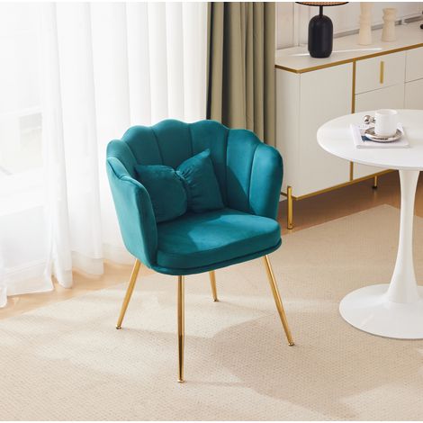 Fauteuil en velours vert avec dossier fleur et pieds métalliques dorés,63 x 58 x 77 cm (1/5)