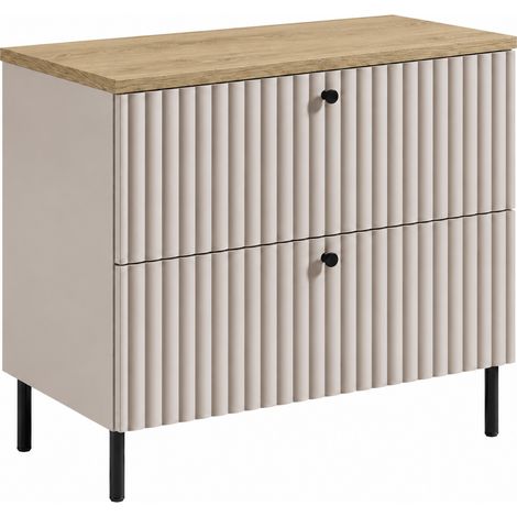 Meuble sous-vasque sur pieds 80 cm, 2 tiroirs, avec plan de travail, fermeture douce, Cachemire / Plan chêne clair, pieds noirs, 80 x 44,4 x 73,6 cm (1/5)